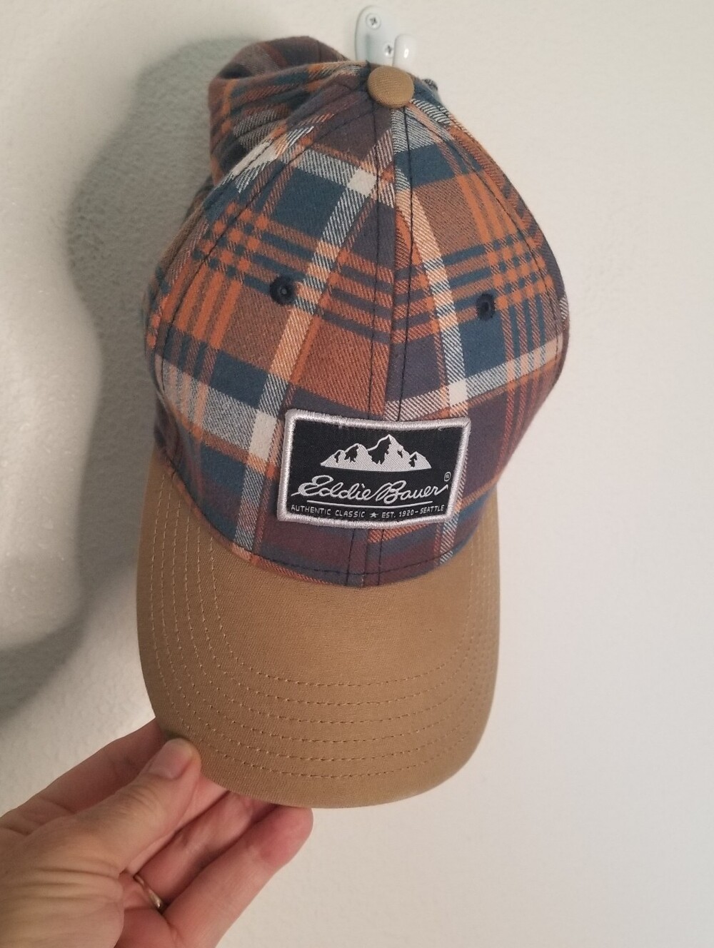 Eddie Bauer 100% Cotton Plaid Flannel Cap Hat Adjustable Strap For Size Blue Brn